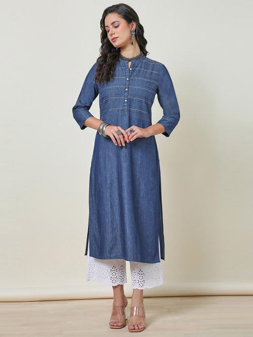 women blue cotton straight kurta - 21452777 - Very Small Image - 1