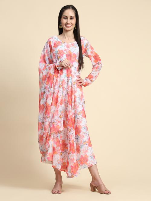orange floral printed flared gown - 21454719 - Very Small Image - 1