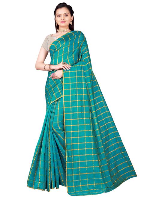 women turquoise checks chettinadu saree - 21455909 - Very Small Image - 1