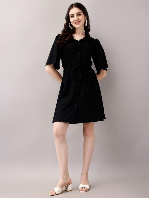 women solid collared puff sleeves a-line dress - 21457141 - Very Small Image - 1