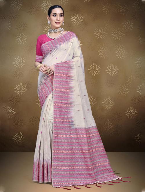 self design contrast border tussar saree - 21457601 - Very Small Image - 1
