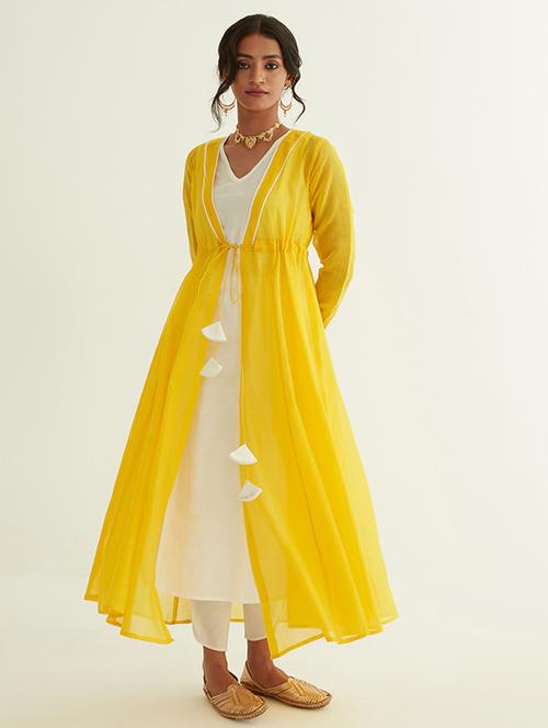 white solid kurta with yellow jacket - 21459278 - Very Small Image - 1