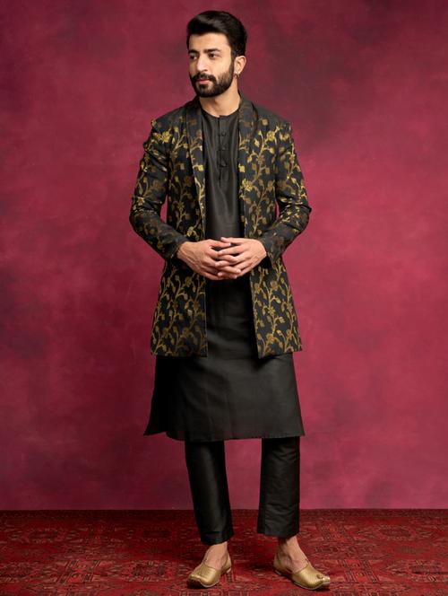 men mandarin neck self-designed long kurta with jacket - 21459399 - Very Small Image - 1