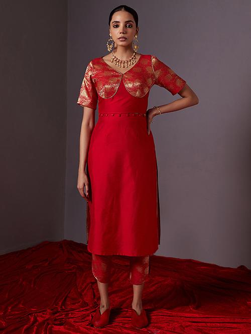 women red detachable detailed kurta pant set - 21459603 - Very Small Image - 1