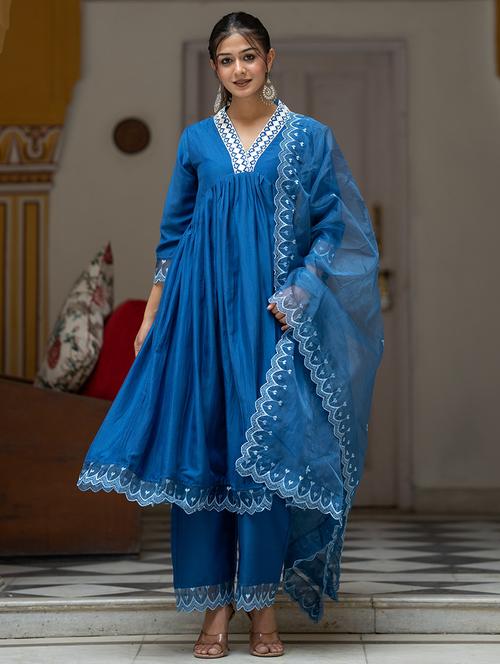 women blue silk flared kurta - 21459726 - Very Small Image - 1
