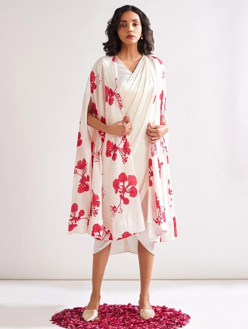 white solid wrap dress with floral printed jacket - 21459902 - Very Small Image - 1