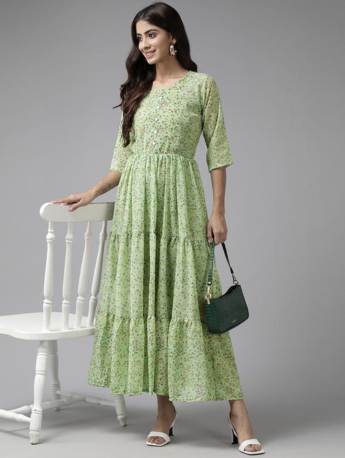 green floral printed tiered dress - 21461571 - Very Small Image - 1