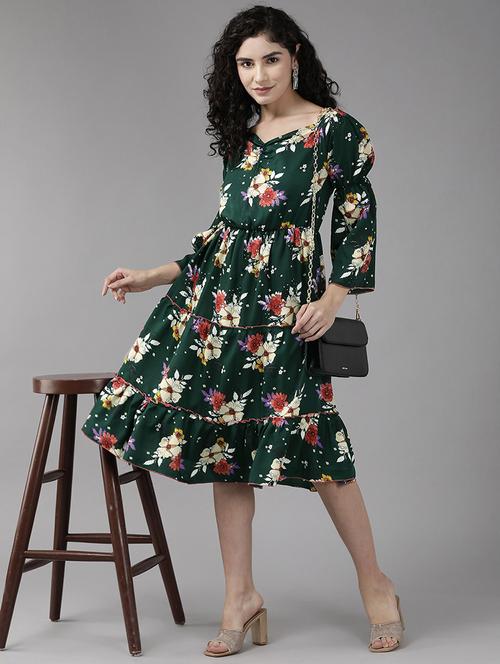 dark green floral printed tiered dress - 21461584 - Very Small Image - 1