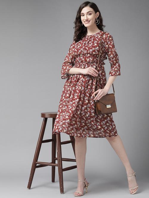 maroon floral printed fit & flare dress - 21461591 - Very Small Image - 1