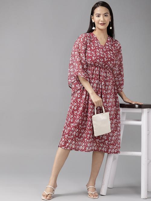 maroon floral printed fit & flare dress - 21461601 - Very Small Image - 1