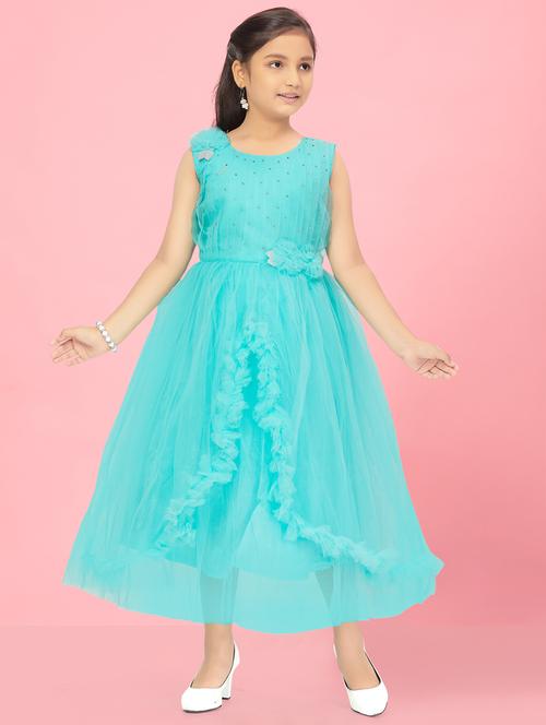 girls round neck net flare frock - 21462399 - Very Small Image - 1
