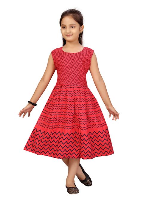 girls red printed frock - 21462470 - Very Small Image - 1
