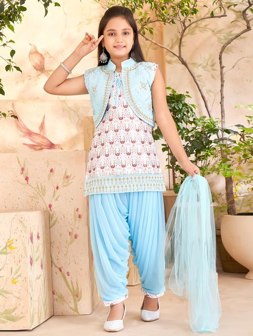 girls light blue nylon kurta salwar suit set - 21462580 - Very Small Image - 1
