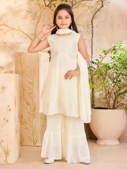 girls cream georgette suit set - 21462620 - Very Small Image - 1