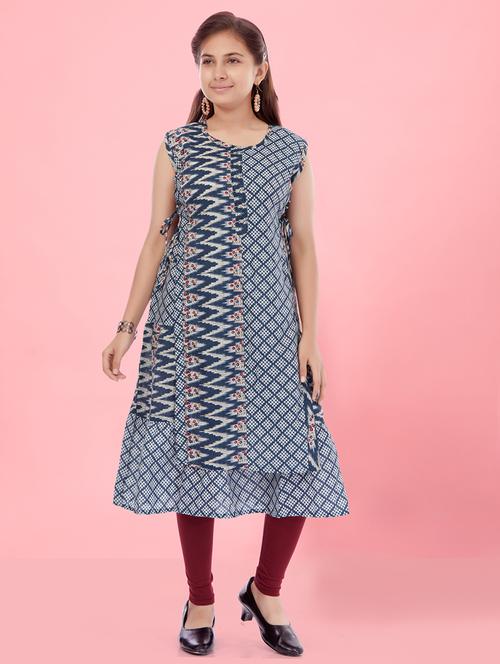 girls blue cotton a-line kurti - 21462714 - Very Small Image - 1