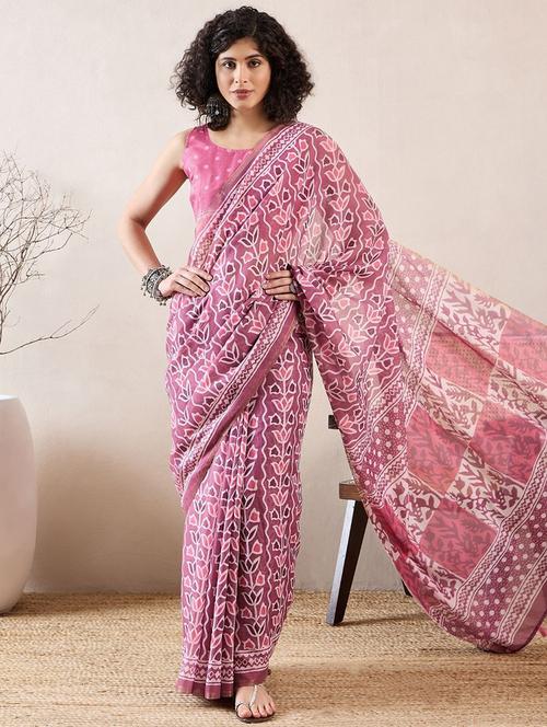 pink linen printed saree - 21462816 - Very Small Image - 1