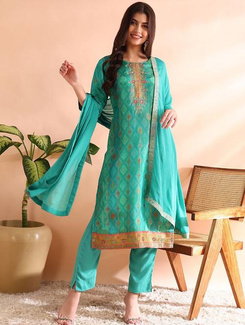women sea green round neck suit set - 21462840 - Very Small Image - 1