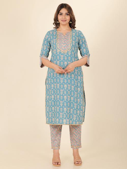 women light blue floral printed straight kurta - 21462932 - Very Small Image - 1