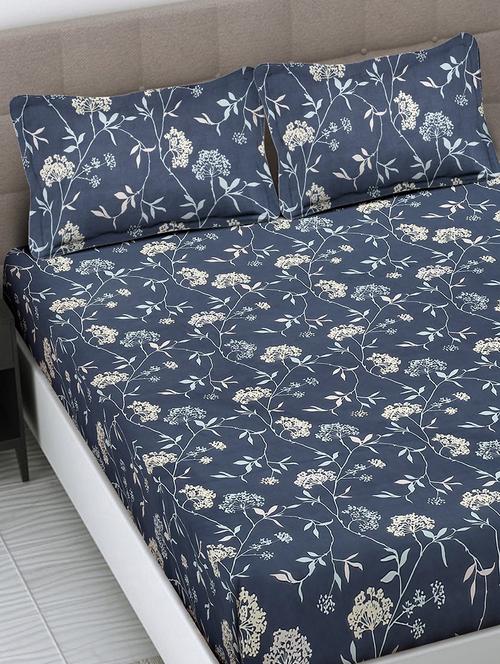 fabinaliv blue floral 300 tc cotton blend king size fitted double bedsheet with 2 pillow covers - 21462969 - Very Small Image - 1