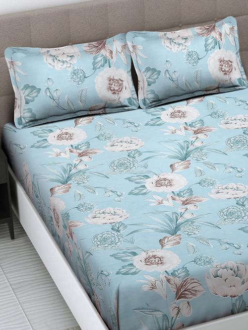 fabinaliv blue floral 300 tc cotton blend king size fitted double bedsheet with 2 pillow covers - 21462970 - Very Small Image - 1
