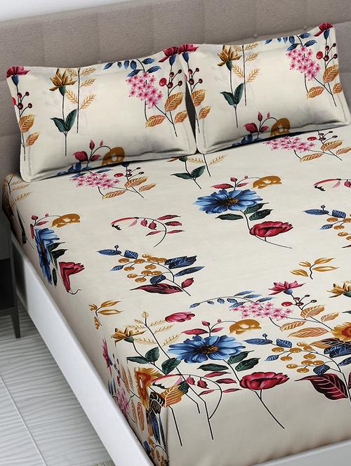 fabinaliv floral 300 tc cotton blend king size fitted double bedsheet with 2 pillow covers - 21462972 - Very Small Image - 1