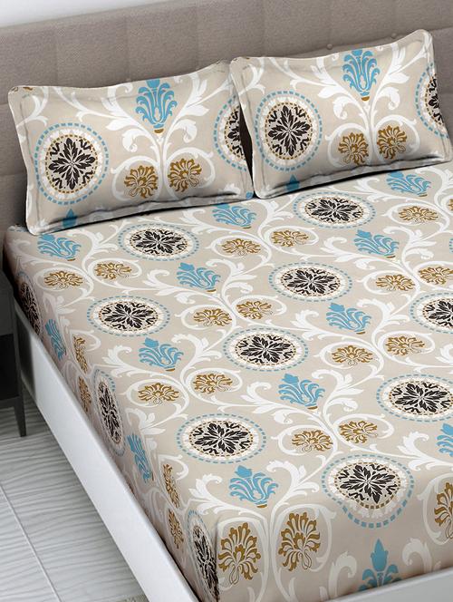 fabinaliv multicolor floral 300 tc cotton blend king size fitted double bedsheet with 2 pillow covers - 21462975 - Very Small Image - 1