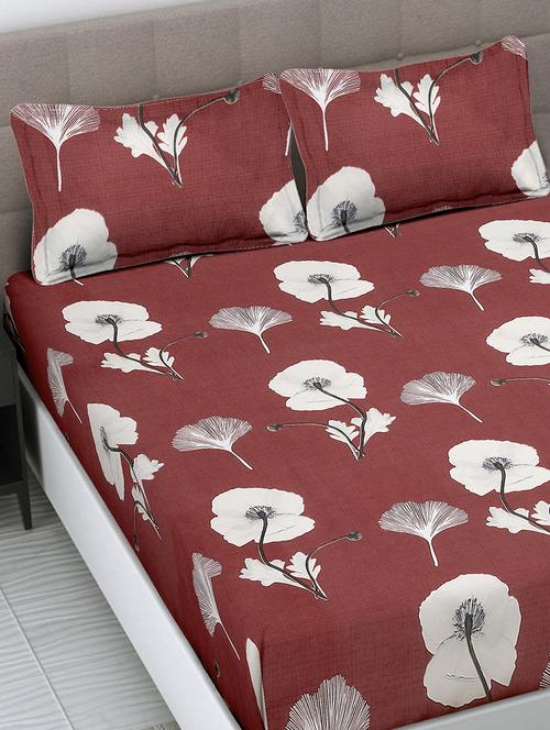 fabinaliv maroon floral 300 tc cotton blend king size fitted double bedsheet with 2 pillow covers - 21462982 - Very Small Image - 1