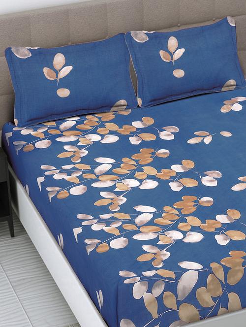 fabinaliv blue floral 300 tc cotton blend king size fitted double bedsheet with 2 pillow covers - 21462989 - Very Small Image - 1