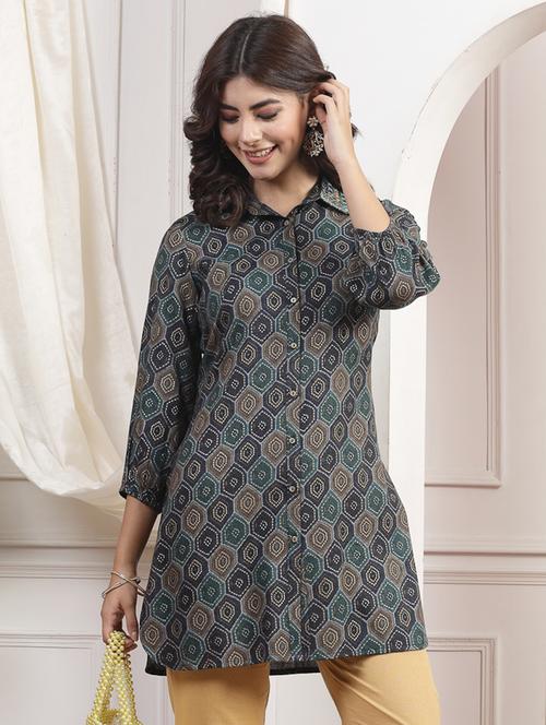 women teal geometric printed long shirt - 21463028 - Very Small Image - 1