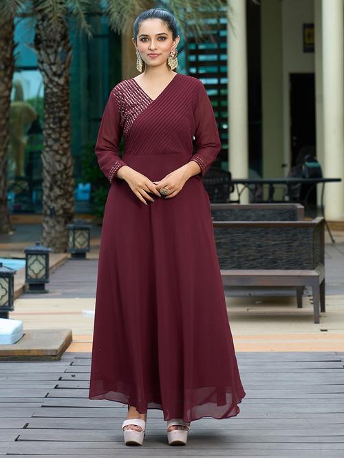 women long sleeves v neck flared gown - 21464175 - Very Small Image - 1