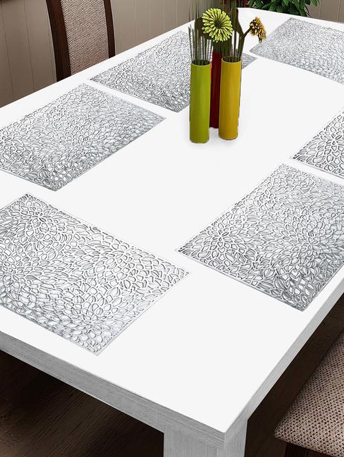 fabinaliv set of 6 silver floral textured pvc table mats (45x30 cm) - 21465354 - Very Small Image - 1