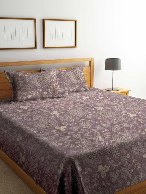 fabinaliv purple floral cotton blend king size quilted double bedcover with 2 pillow covers - 21466043 - Very Small Image - 1