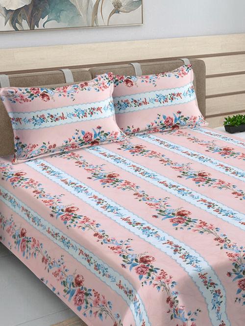 fabinaliv pink floral cotton blend king size ultrasonic quilted reversible double bedcover with 2 quilted pillow covers - 21466061 - Very Small Image - 1