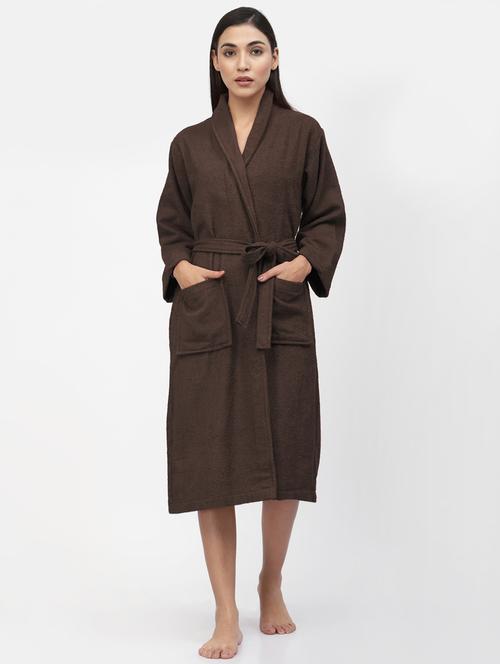 fabinaliv coffee solid pure cotton women's bath robe with belt - 21466084 - Very Small Image - 1