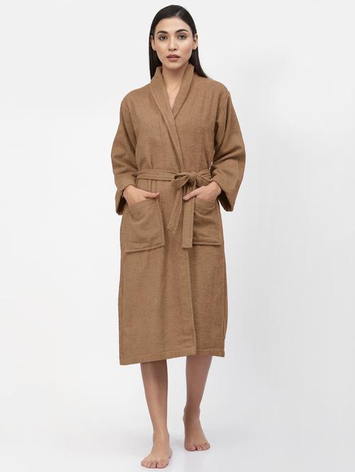 fabinaliv brown solid pure cotton women's bath robe with belt - 21466086 - Very Small Image - 1