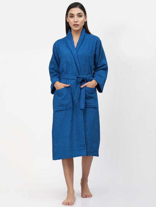 fabinaliv blue solid pure cotton women's bath robe with belt - 21466087 - Very Small Image - 1