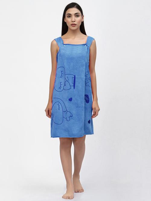 fabinaliv blue cartoon print pure cotton women's bath robe cum bath towel - 21466098 - Very Small Image - 1