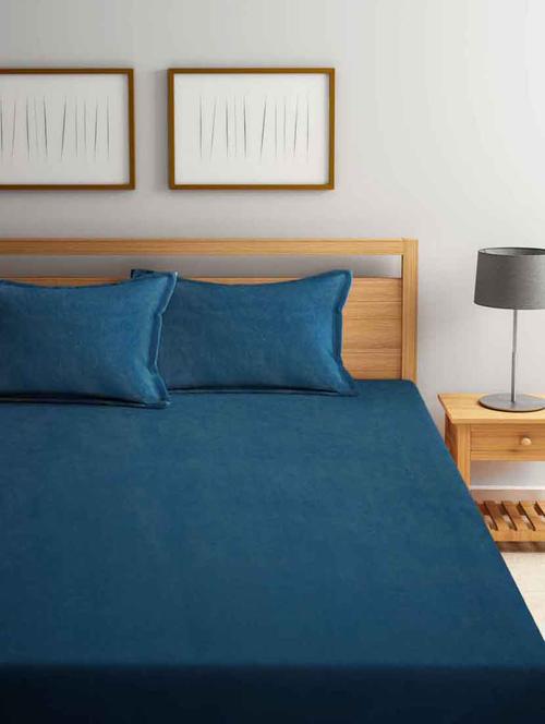 fabinaliv rama blue solid 300 tc woollen king size double bedsheet with 2 pillow covers - 21466110 - Very Small Image - 1