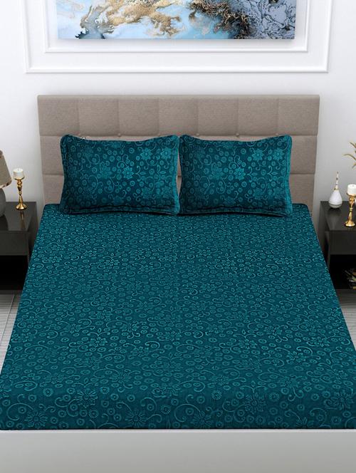 fabinaliv rama green floral 300 tc woollen embossed king size double bedsheet with 2 pillow covers - 21466114 - Very Small Image - 1