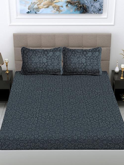 fabinaliv dark grey floral 300 tc woollen embossed king size double bedsheet with 2 pillow covers - 21466119 - Very Small Image - 1