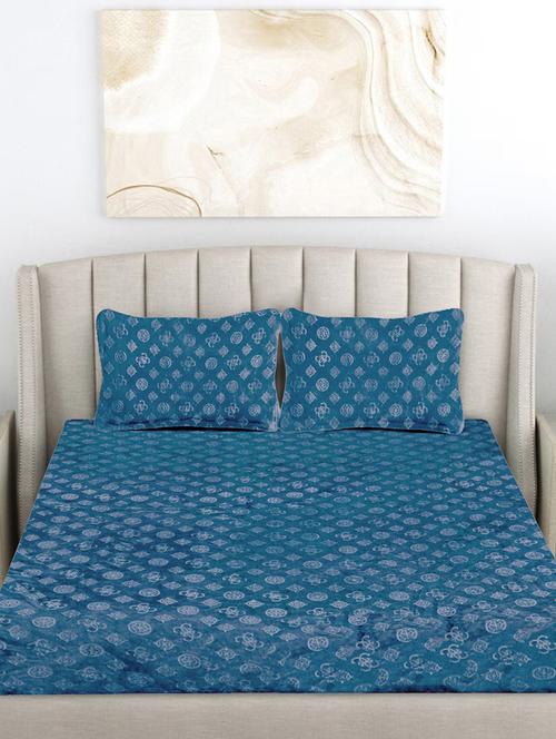 fabinaliv ice blue geometric 300 tc woollen embossed king size double bedsheet with 2 pillow covers - 21466143 - Very Small Image - 1