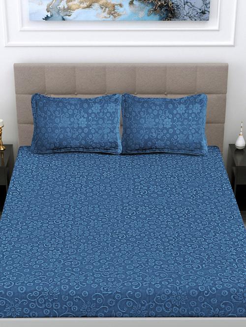 fabinaliv ice blue floral 300 tc woollen embossed king size double bedsheet with 2 pillow covers - 21466147 - Very Small Image - 1