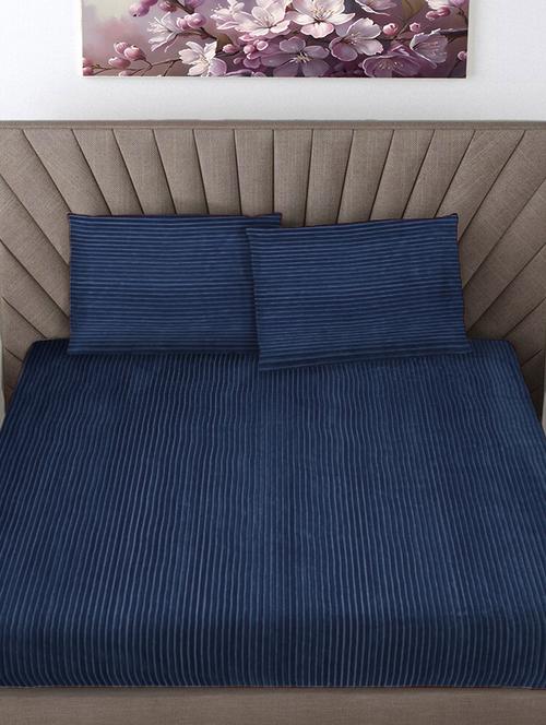 fabinaliv navy blue striped 300 tc woollen king size double bedsheet with 2 pillow covers - 21466163 - Very Small Image - 1