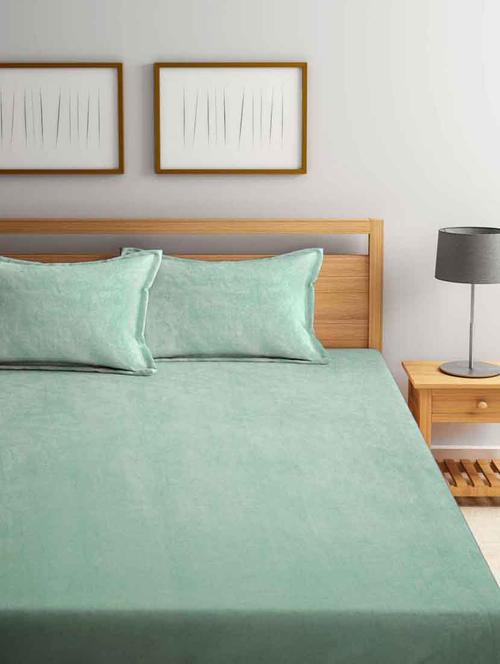 fabinaliv sea green solid 300 tc woollen king size fitted double bedsheet with 2 pillow covers - 21466440 - Very Small Image - 1