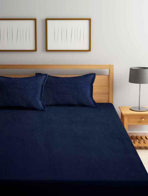 fabinaliv navy blue solid 300 tc woollen king size fitted double bedsheet with 2 pillow covers - 21466441 - Very Small Image - 1