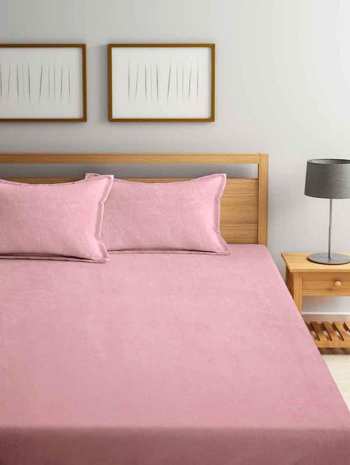 fabinaliv baby pink solid 300 tc woollen king size fitted double bedsheet with 2 pillow covers - 21466443 - Very Small Image - 1