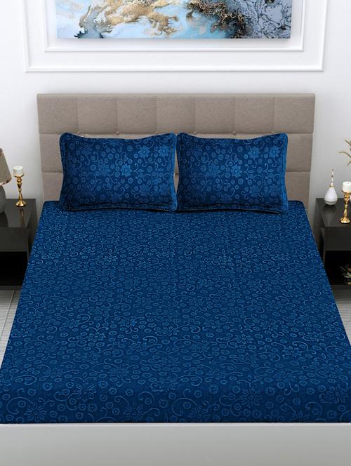 fabinaliv navy blue floral 300 tc woollen embossed king size fitted double bedsheet with 2 pillow covers - 21466449 - Very Small Image - 1