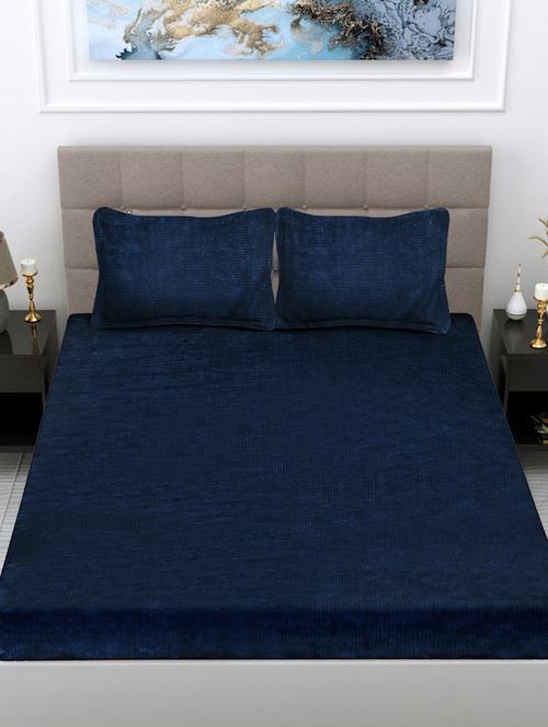fabinaliv navy blue striped 300 tc woollen king size fitted double bedsheet with 2 pillow covers - 21466459 - Very Small Image - 1