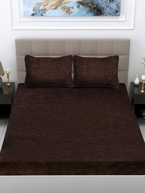 fabinaliv coffee striped 300 tc woollen king size fitted double bedsheet with 2 pillow covers - 21466462 - Very Small Image - 1