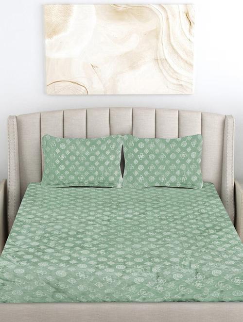 fabinaliv light green geometric 300 tc woollen embossed king size fitted double bedsheet with 2 pillow covers - 21466498 - Very Small Image - 1